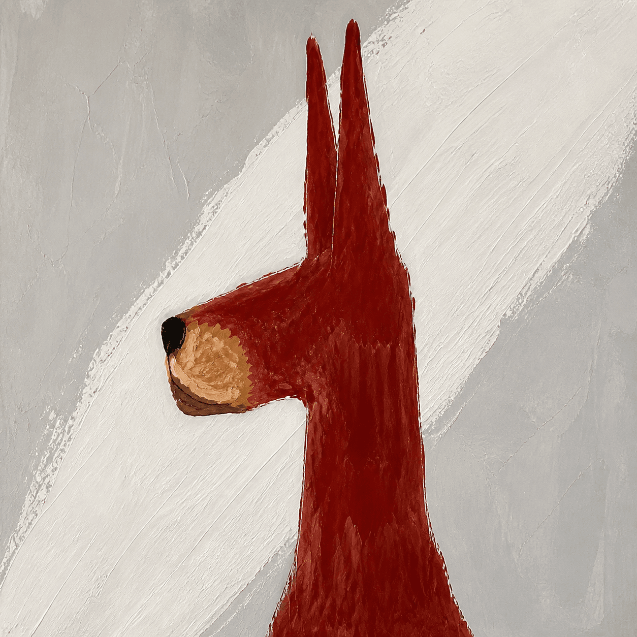 A side-profile Great Dane painted in oxblood red over a broad white brushstroke